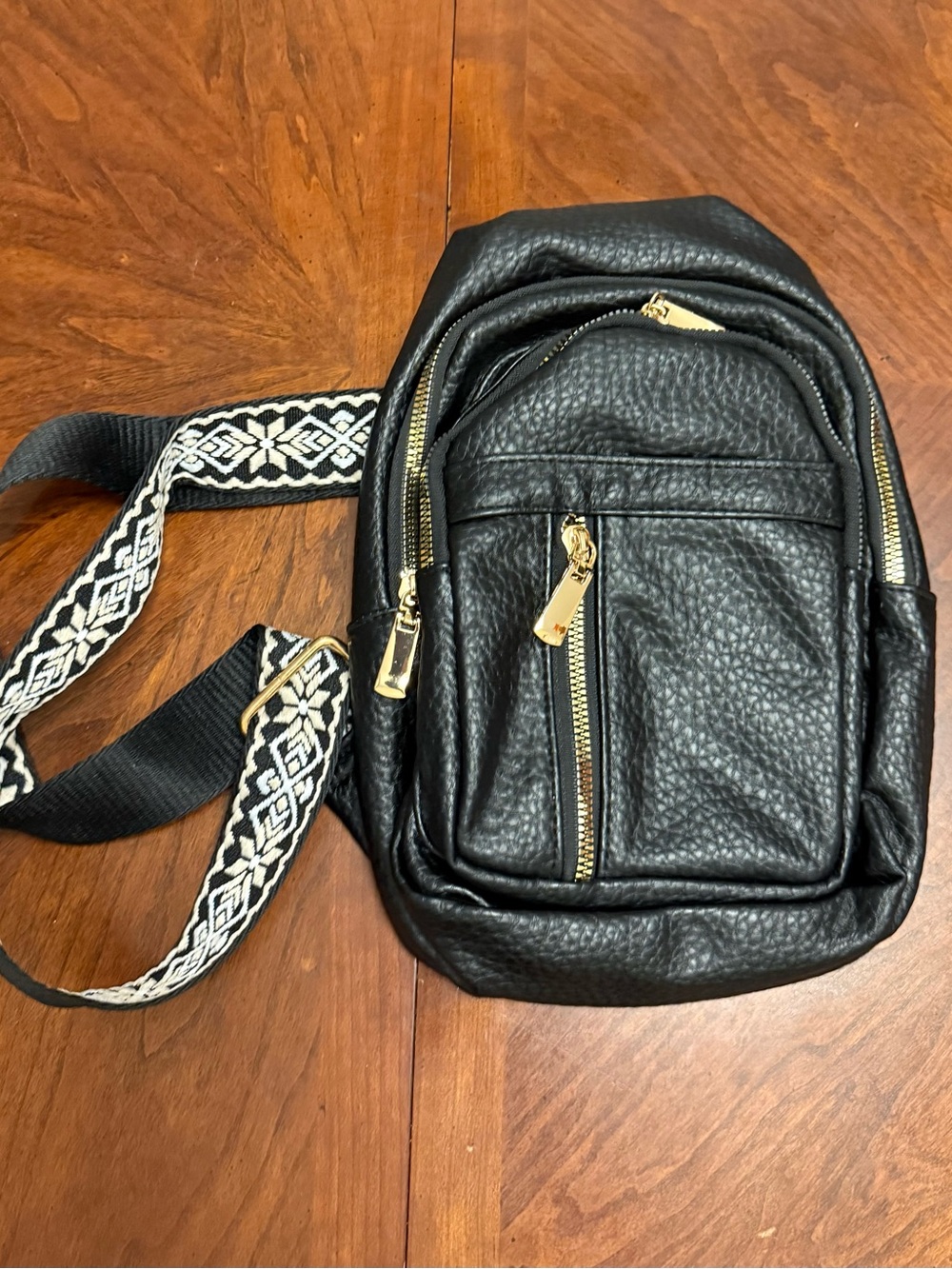 Women's Black Textured Crossbody Sling Bag with Patterned Strap